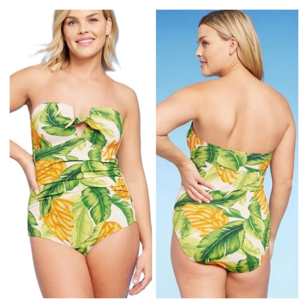 Kona Sol Orange Green Floral Convertible One Piece Full Coverage Swimsuit XL NWT